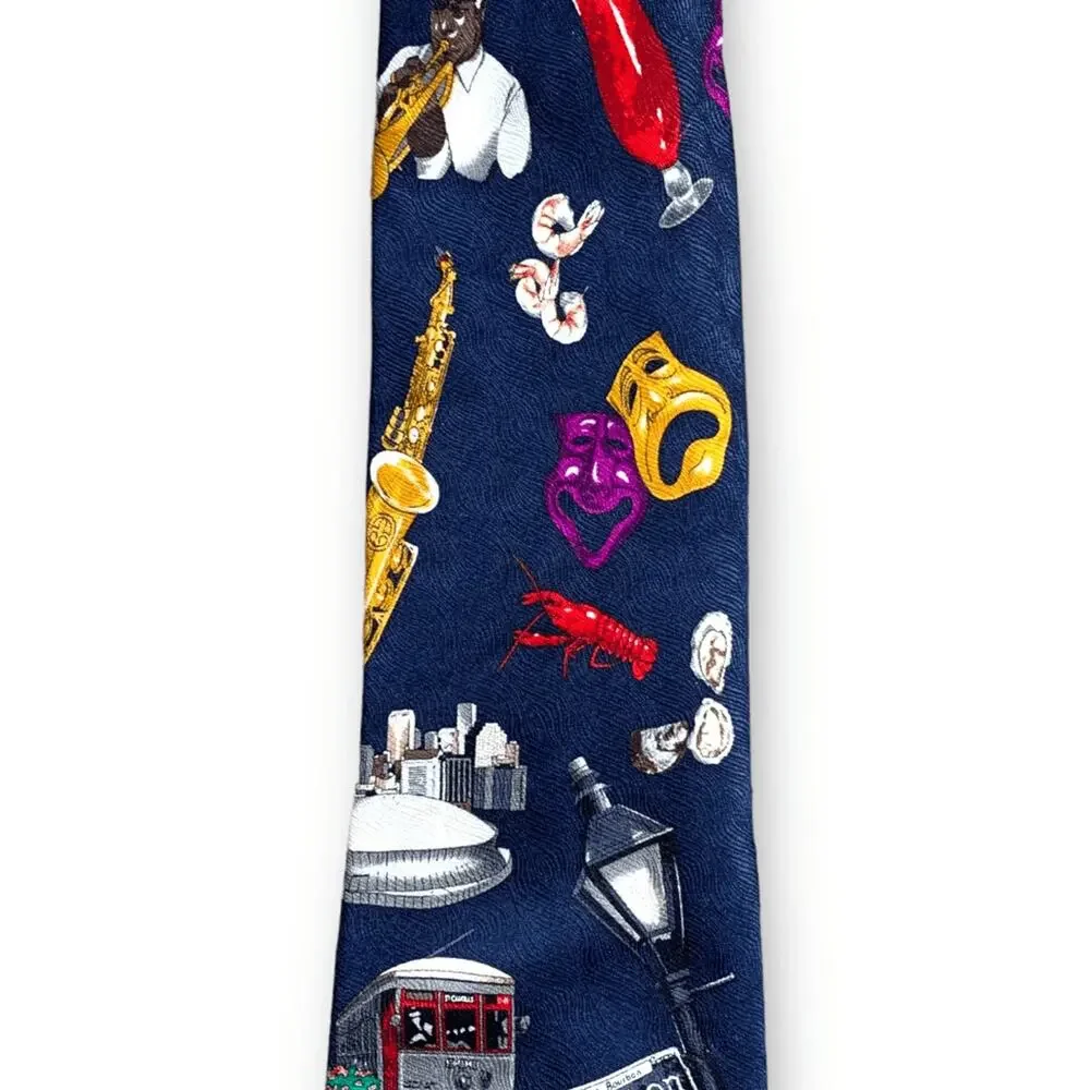 Vintage New Orleans Jazz Music Mardi Gras Silk Tie Navy Novelty Print Travel
